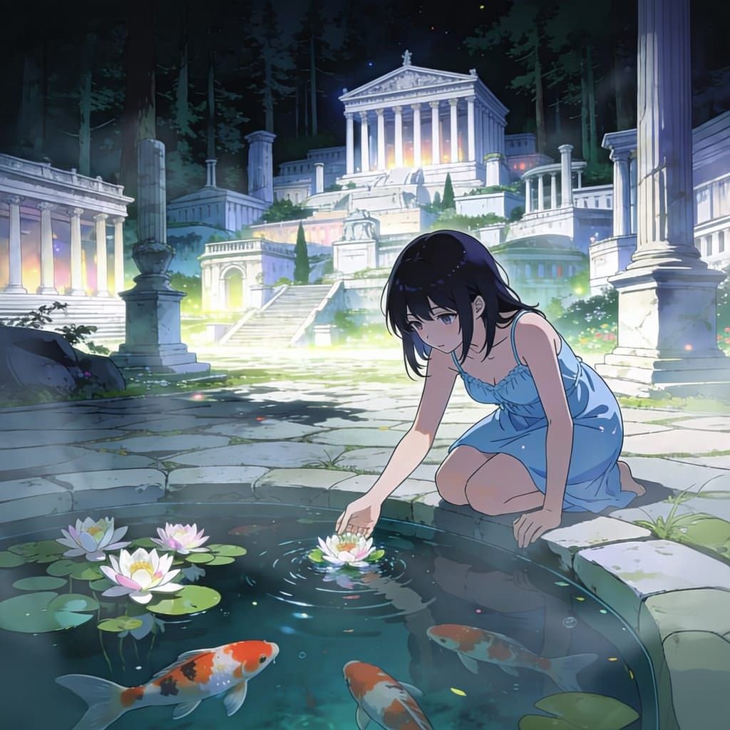 Ethereal Anime Scene: Woman Beside Ancient City Pond