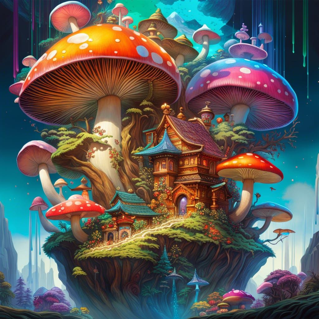 Surreal Mushroom City with Floating Fungi