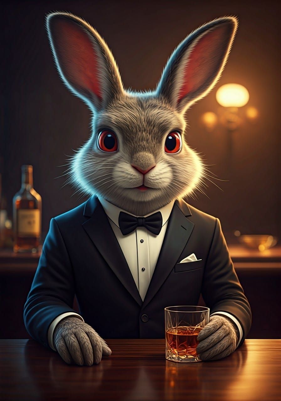 Rabbit in Tuxedo Drinking Scotch, Photorealistic 3D