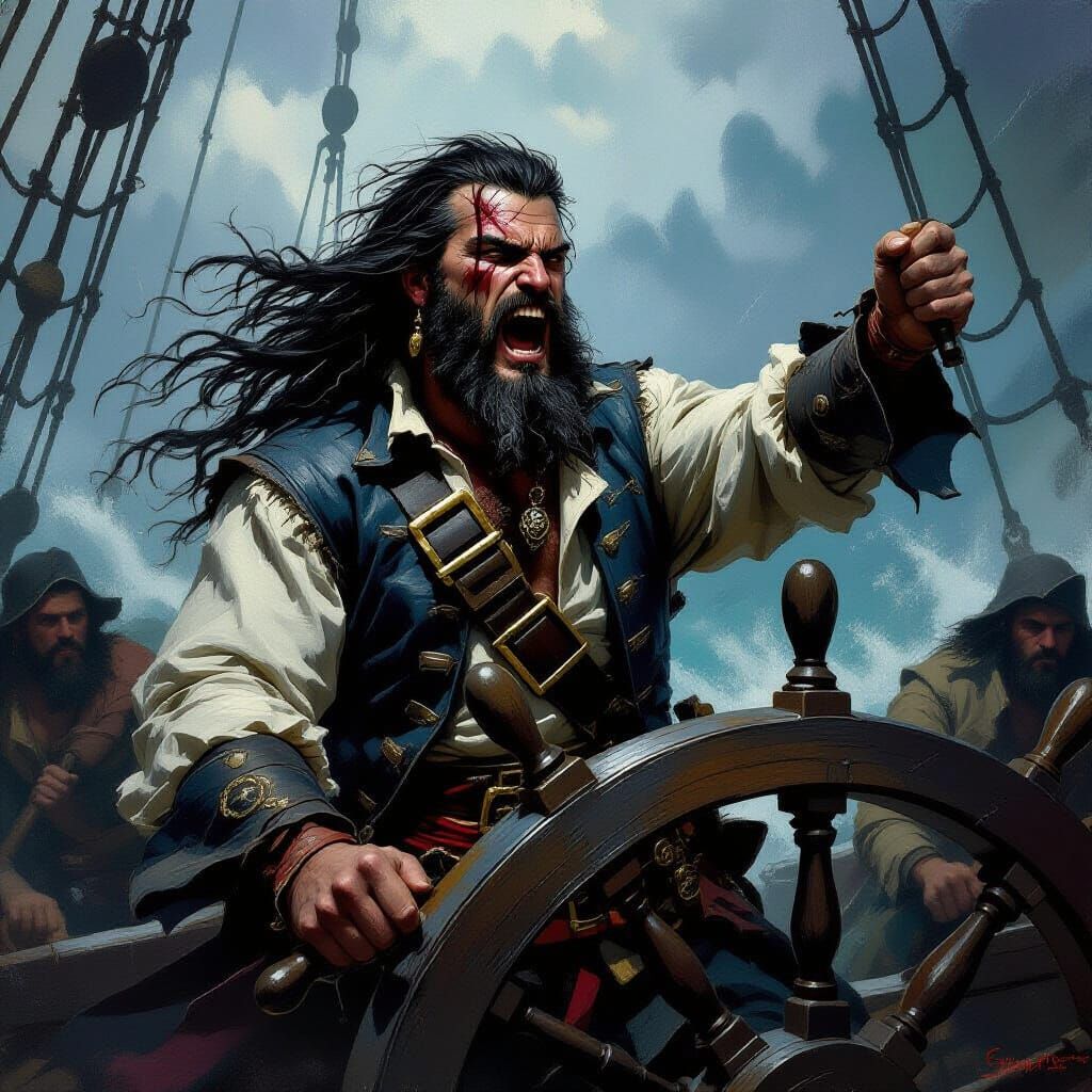 Pirate Captain Commands Ship Amidst Stormy Seas
