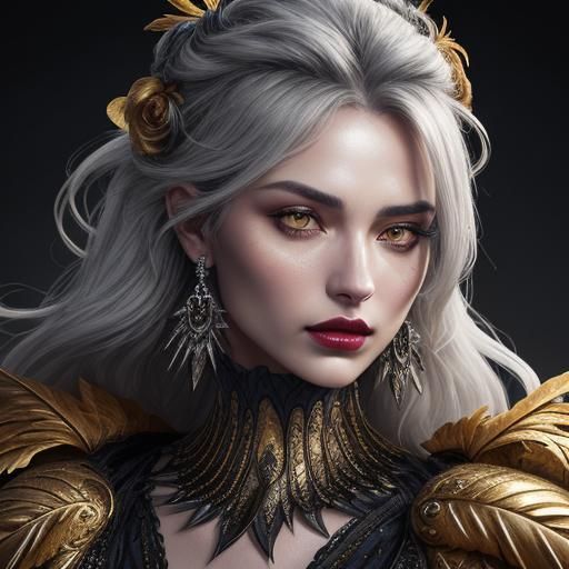 Dramatic Portrait of Woman with Feathers and Silver Eyes