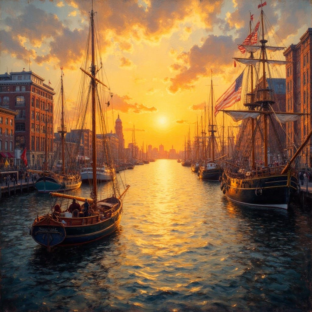 Golden Hour Sailboats in Historic Harbor Oil Painting