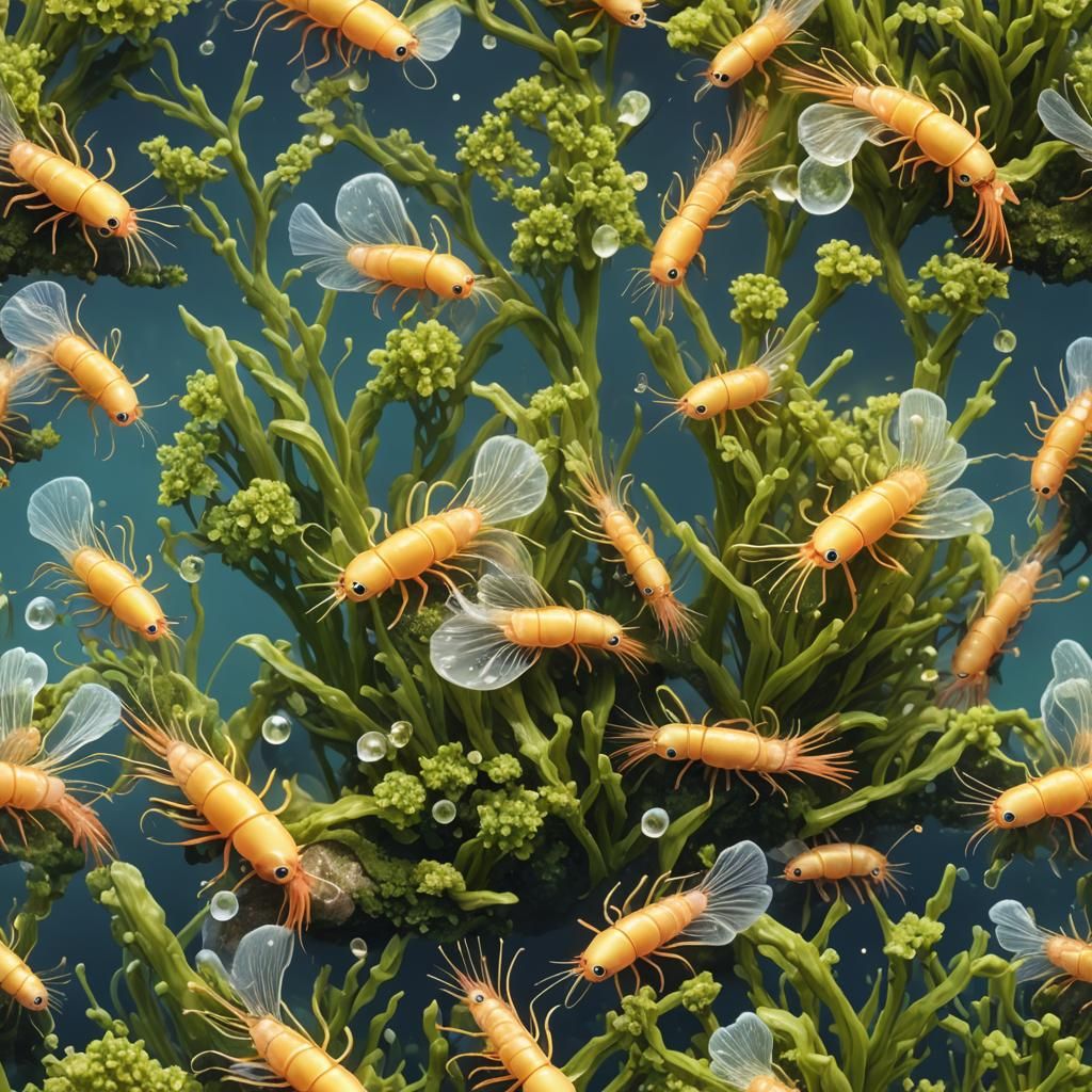 Yellow Cherry Shrimp Eating Algae: Detailed Digital Painting