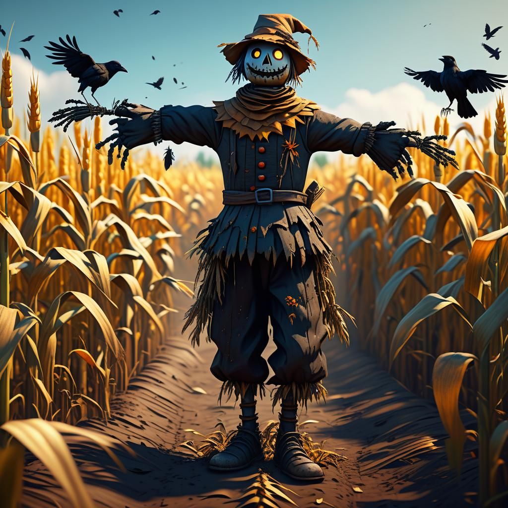 Whimsical Scarecrow in Cornfield: Detailed Matte Painting