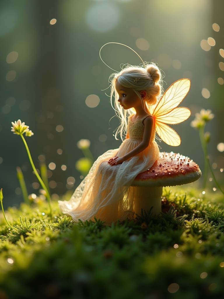 Macro Fairy on Mushroom Reflecting Morning Light