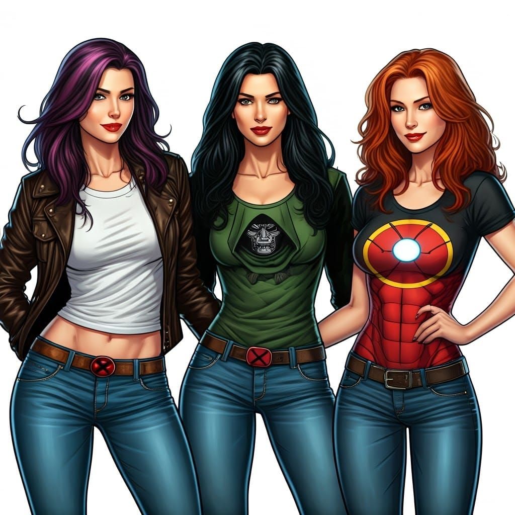 Three Women in Superhero T-Shirts, Comic Book Art