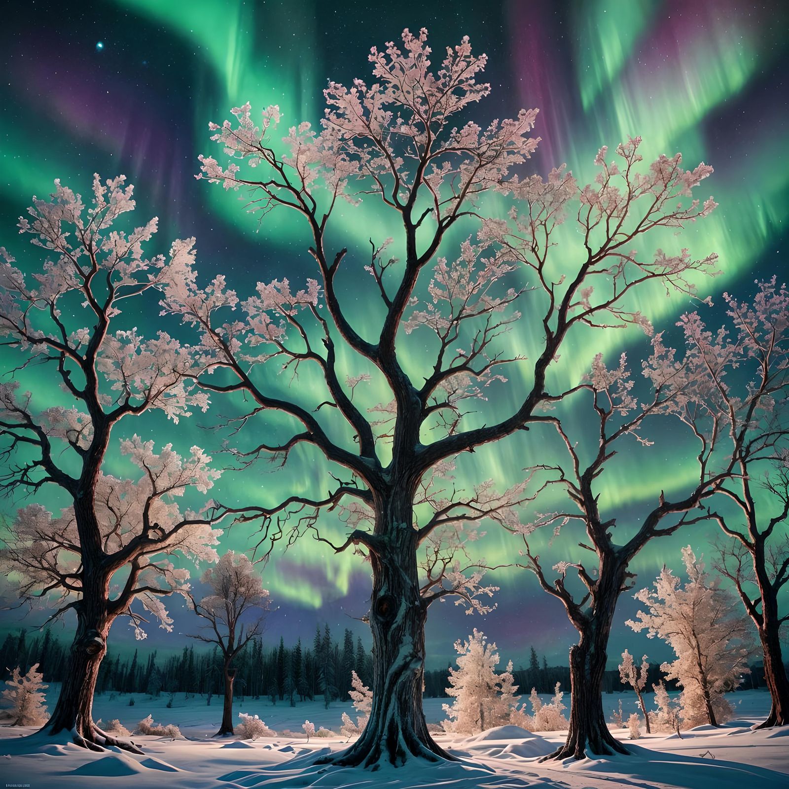 Phoenix Rising in Aurora Borealis Crystal Forest