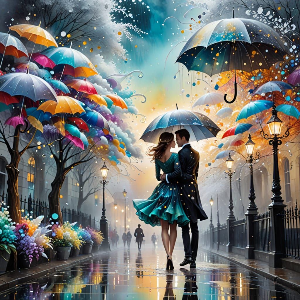 In London with giant umbrellas, Natasha Wescoat and Willem Haenraets