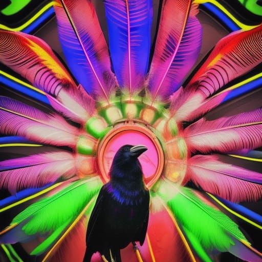 Neon Feathered Crow with Steampunk Engine