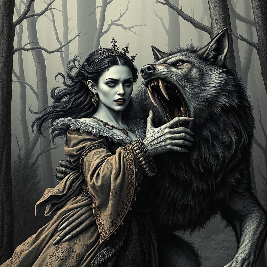 Female Vampire Battles Werewolf in Dark, Glitchy Medieval Sc...