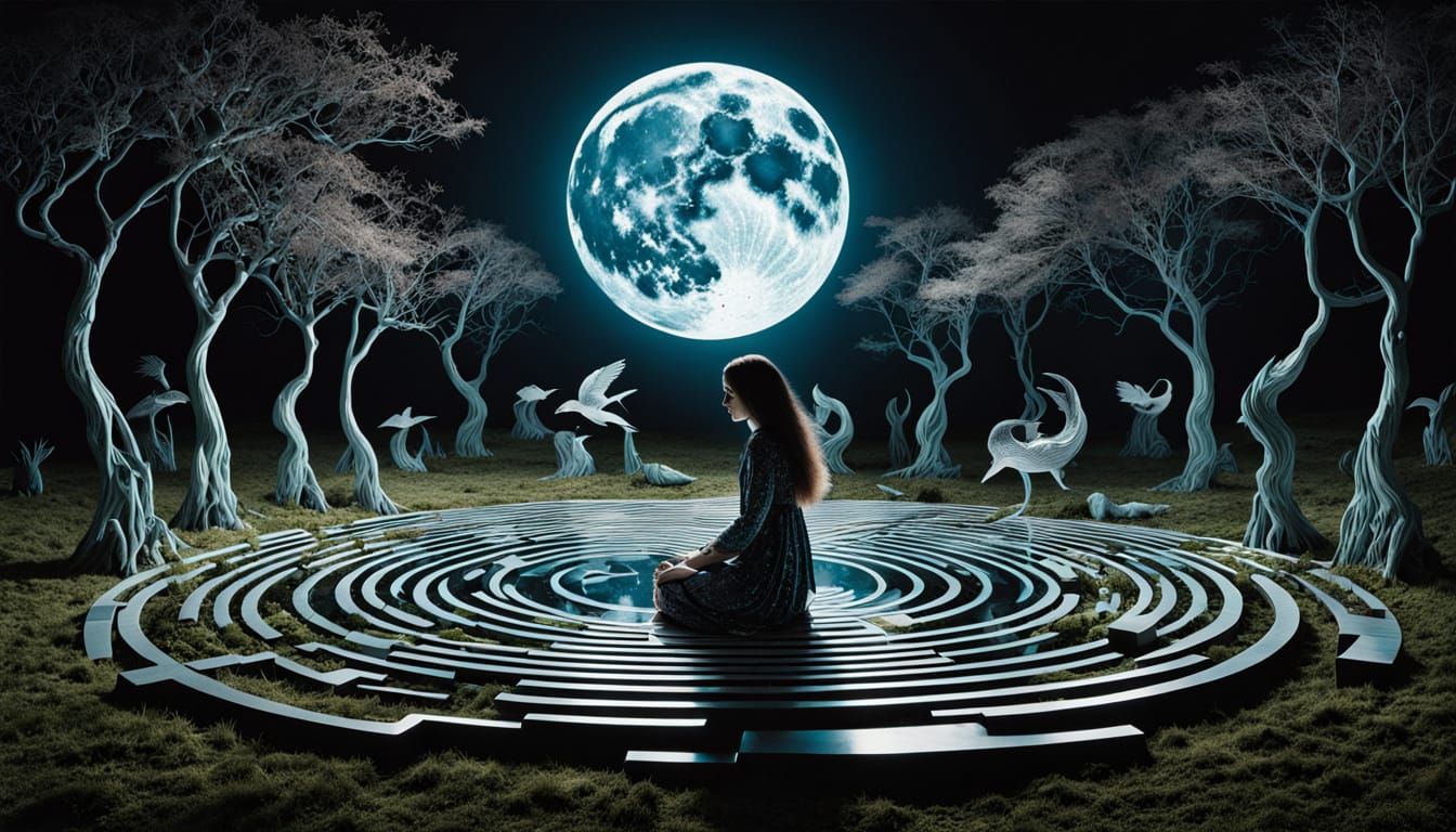 Surreal Bio Art Labyrinth in Moonlit Scene