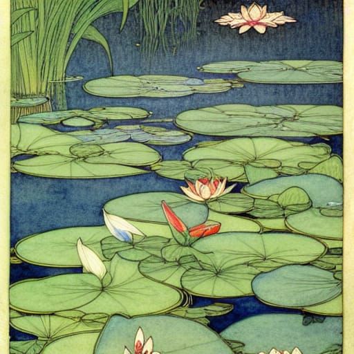 Eel in Lily Pond: Art Nouveau Watercolor