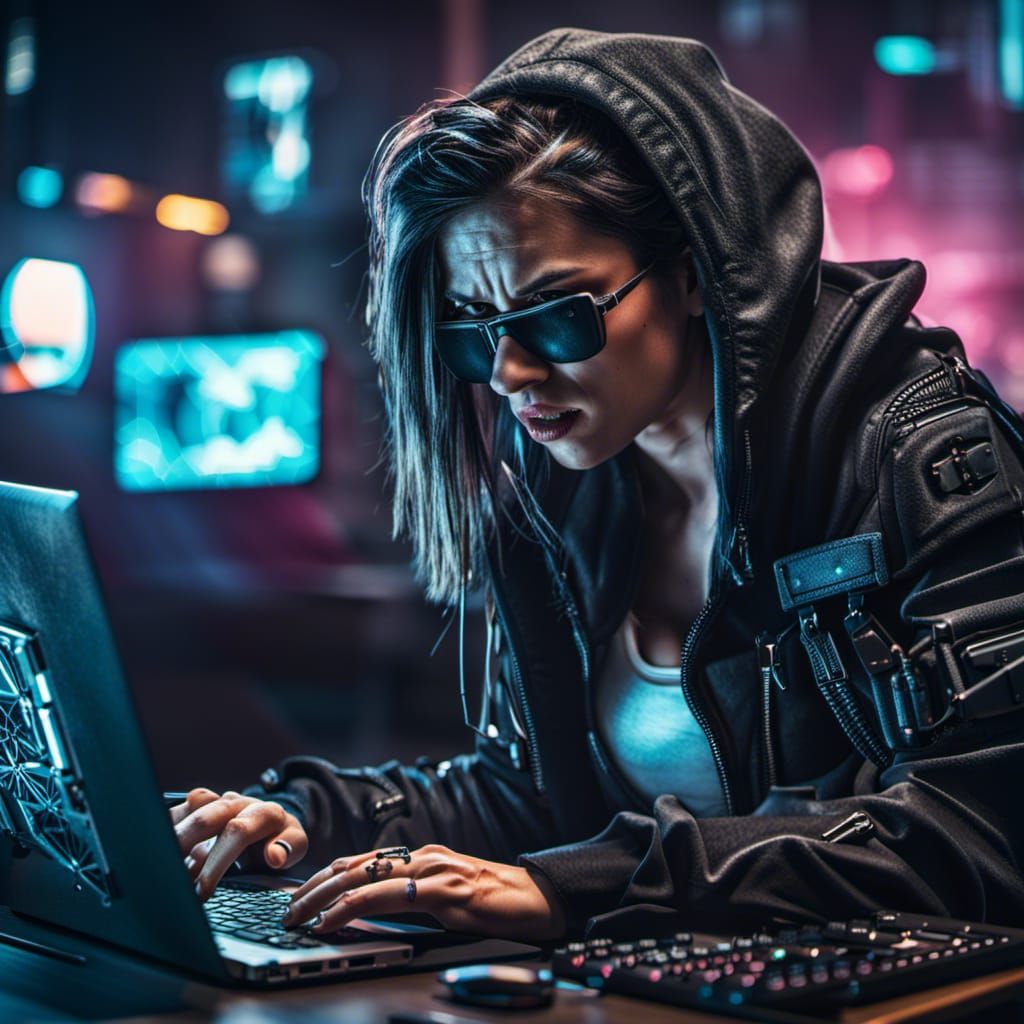 Angry Cyberpunk Hacker in Hyperrealistic Detail