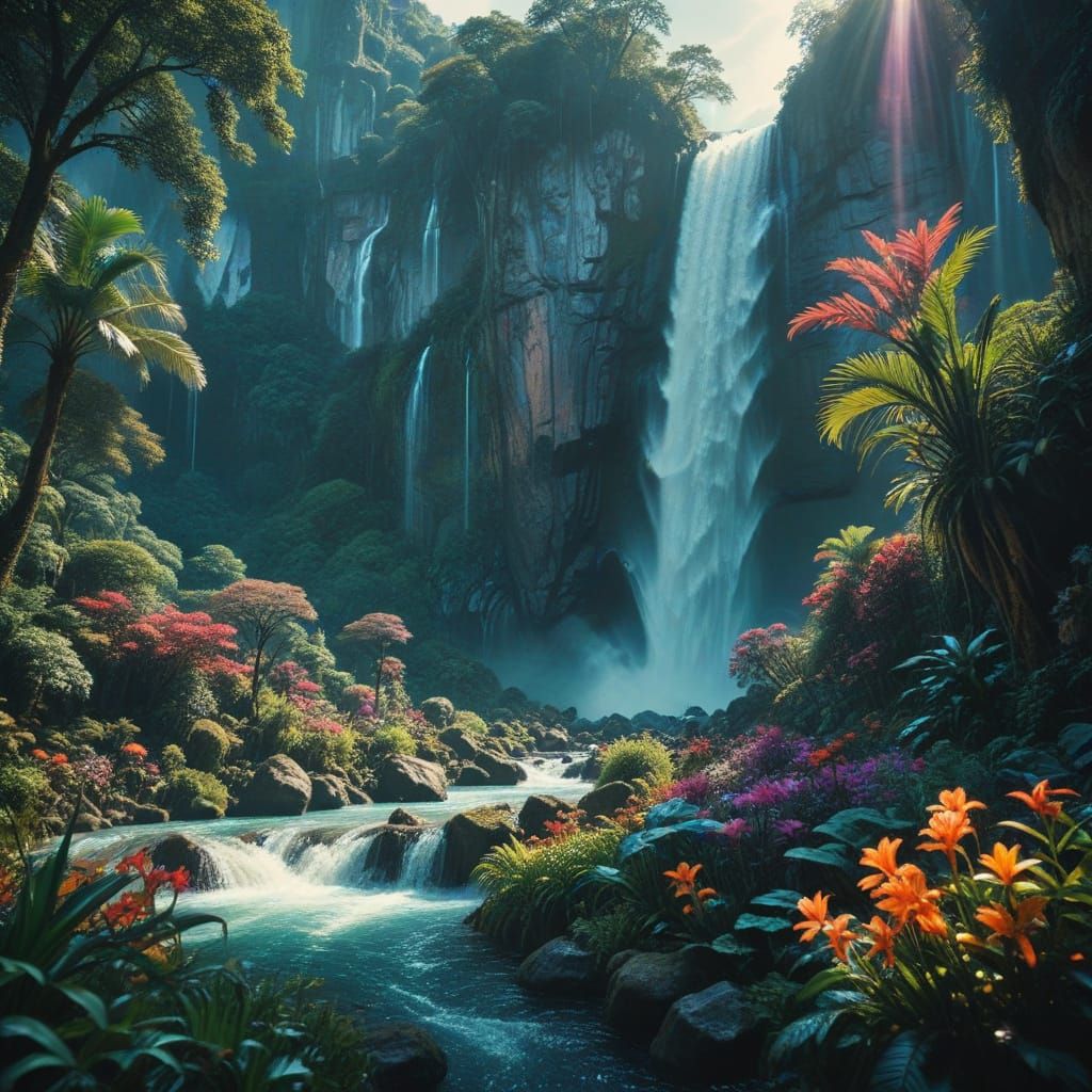Epic Paradise Waterfall in Vibrant Floral Fantasy