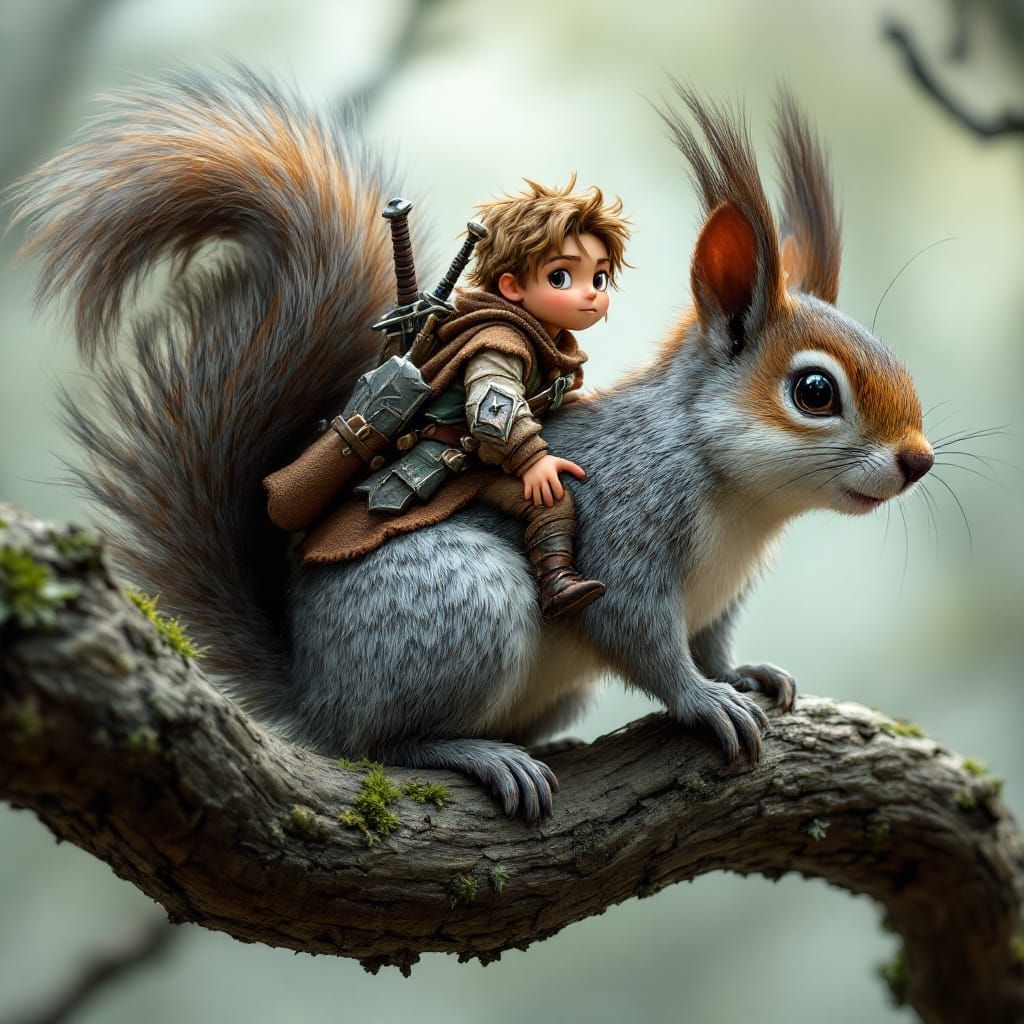 Miniature Knight Rides Squirrel on Oak Branch