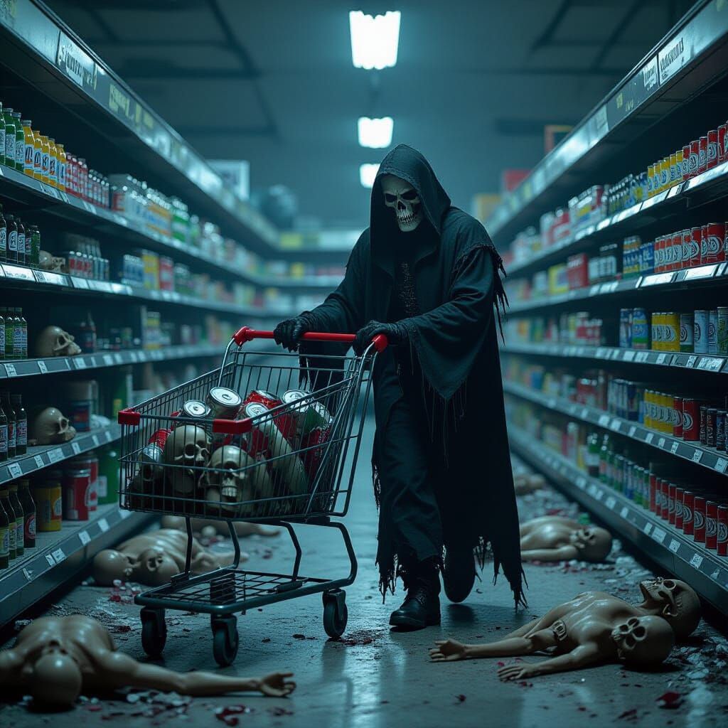Skull Undertaker in Desolate Supermarket, Rutkowski Style