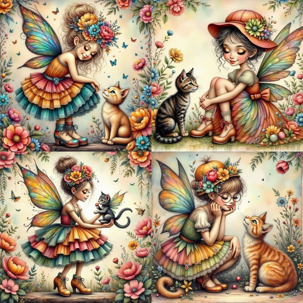 Folk Art Paper Fairy in Whimsical Floral Setting