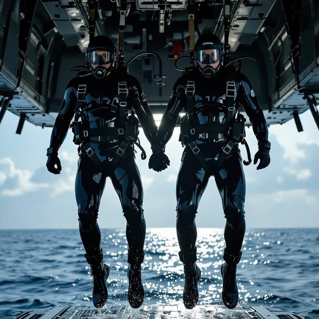 Navy SEAL Divers Suspended Mid-Air in Cinematic Scene