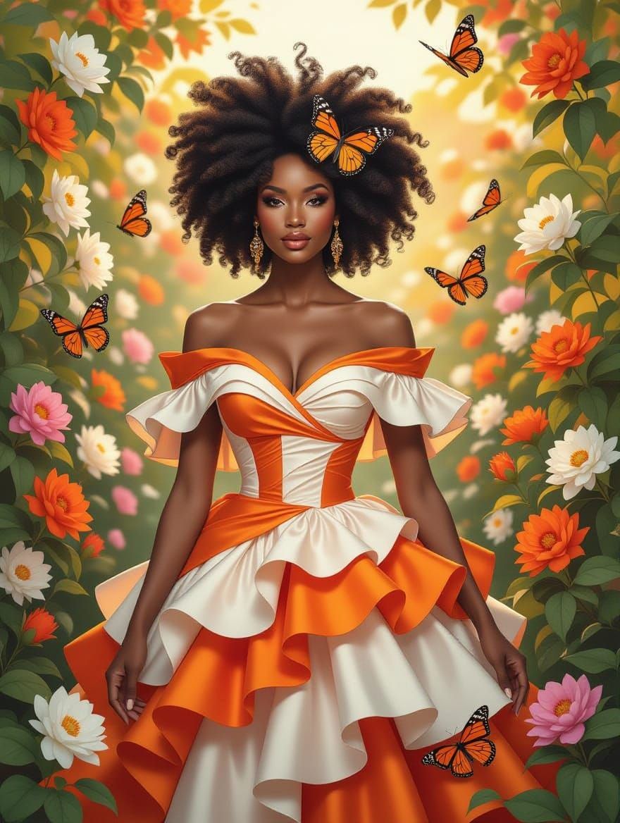 African-American Woman in Blooming Garden with Butterflies