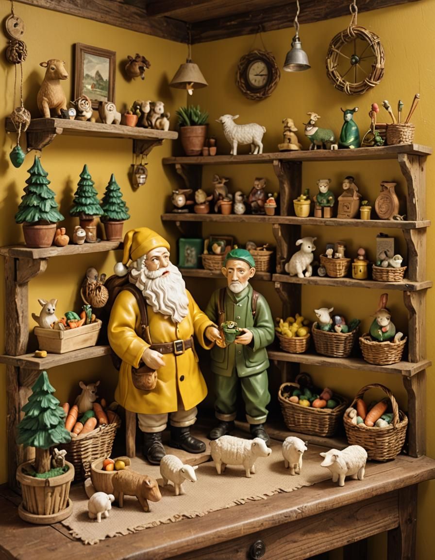 Rustic Room Scene with Sheep Figurines and Pig Rider