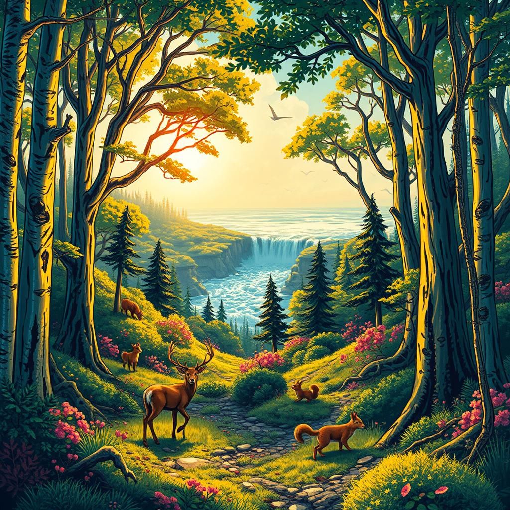 Lush Forest with Crystalline Trees in Comic Book Style