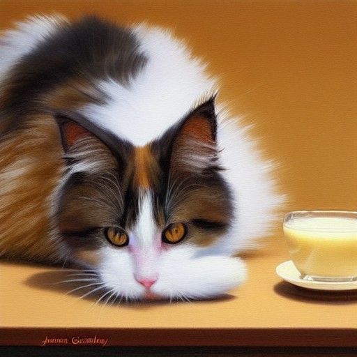 Fluffy Calico Cat Relaxing in Kitchen, Photorealistic Oil Pa...
