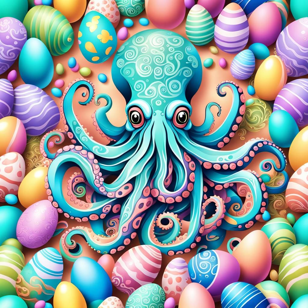 Pastel Octopus Surrounded by Easter Eggs: Abstract Fractal A...