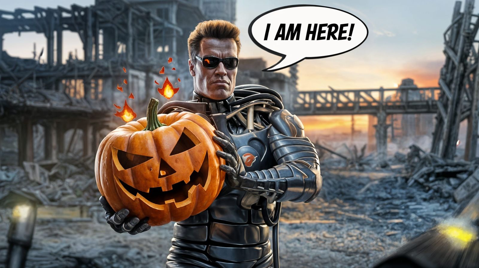 Terminator Carries Flaming Pumpkin in Apocalyptic Ruins