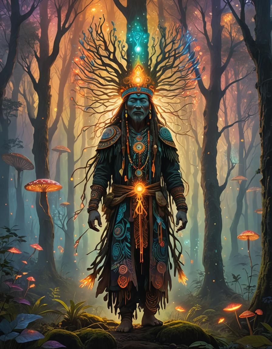 Ethereal Shaman in Misty Forest: Abstract Expressionism