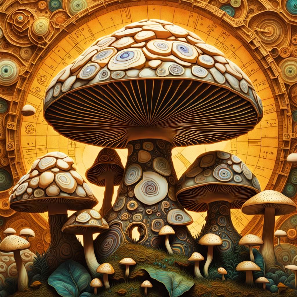 Psychedelic Fibonacci Mushrooms in Hyperdetailed Mixed Media