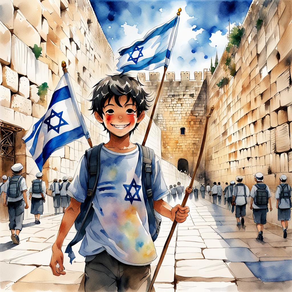 Happy Boy with Israeli Flag, Watercolor Anime Art