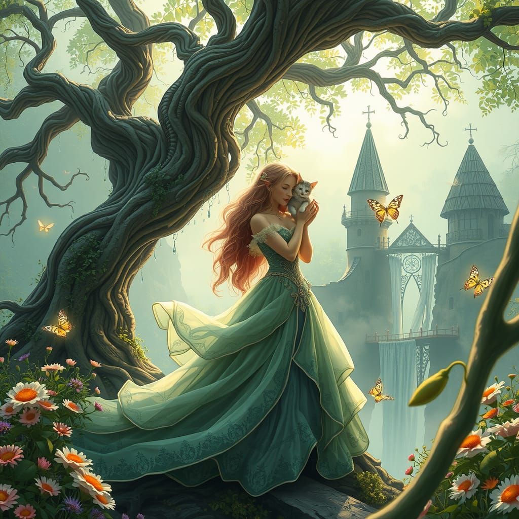 Elven Princess and Cat in Whimsical Elf Village