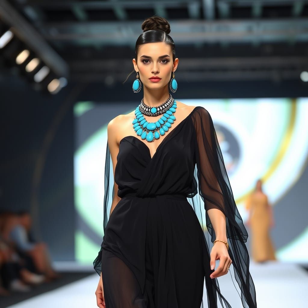 Model in Turquoise Jewelry on Fashion Runway