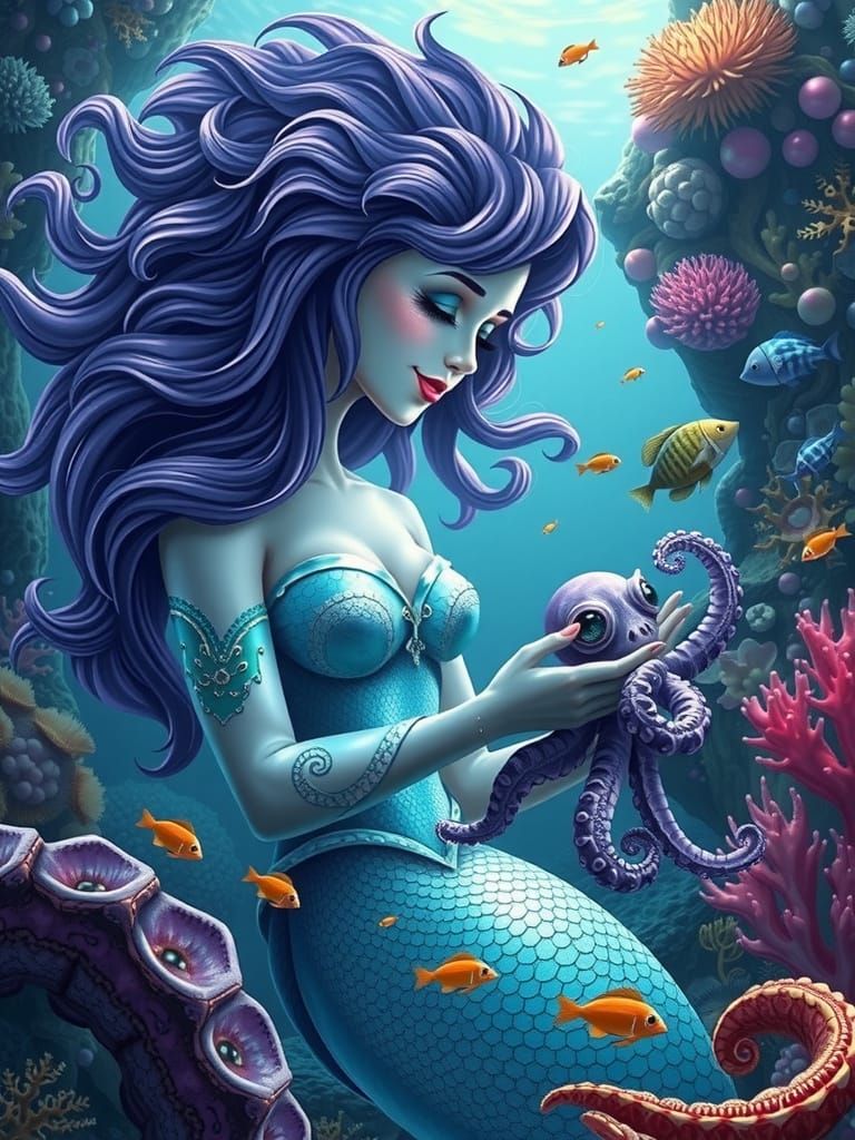 Mystical Mermaid Plays with Adorable Octopus in Vibrant Cora...