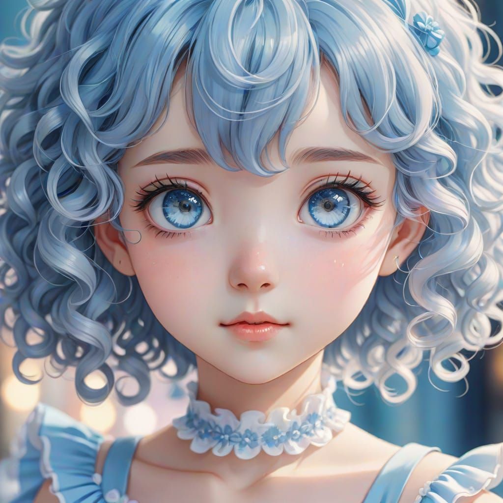 Anime Girl with Blue Hair in Kawaii Style