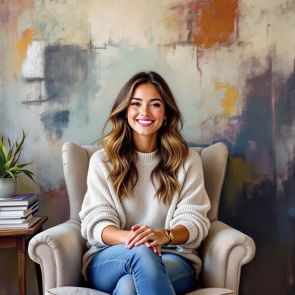 Woman in Psychologist Office with Abstract Expressionist Art