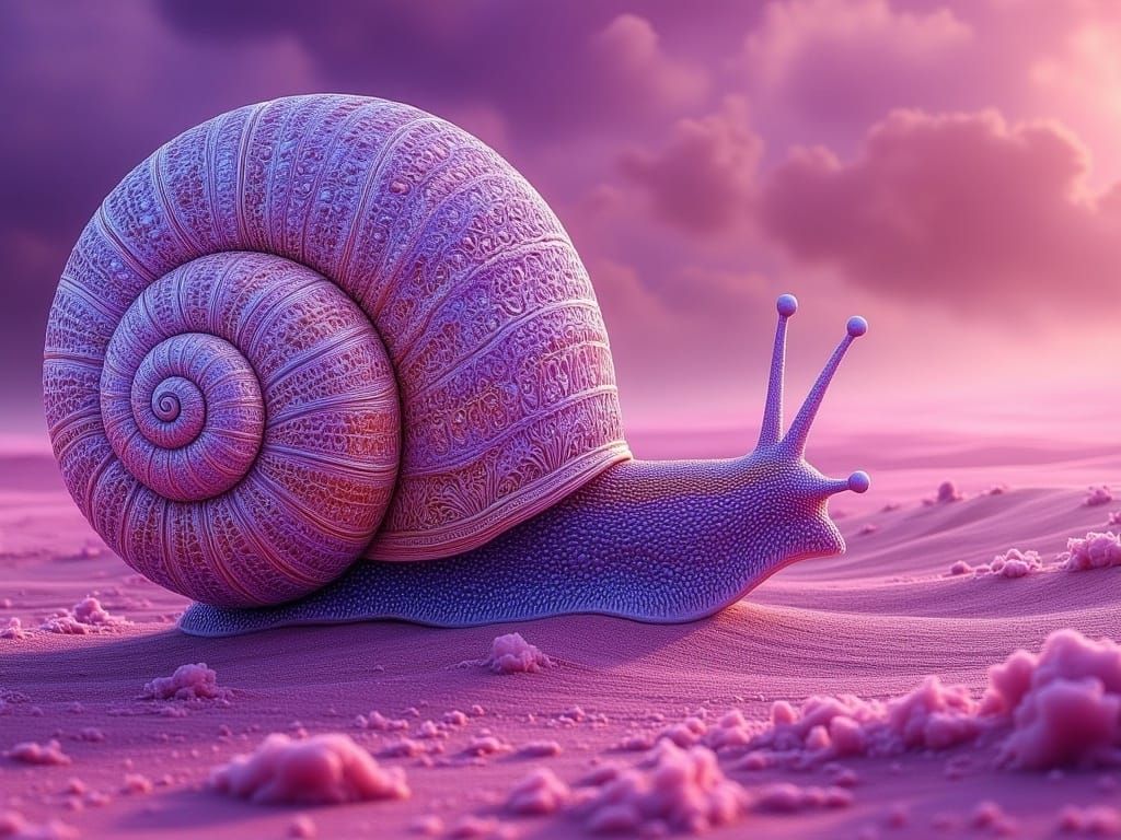 Psychedelic Snail in Hypnotic Desert Landscape