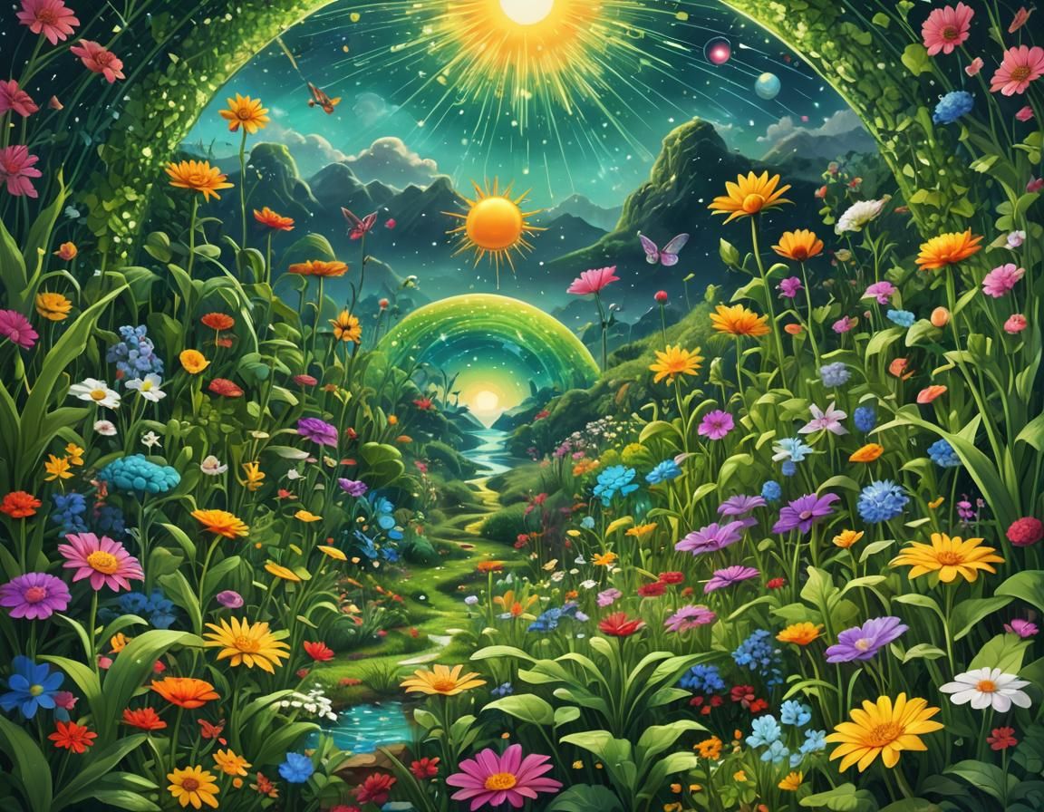 Lush Hillside Garden: Holographic Astral Illustration