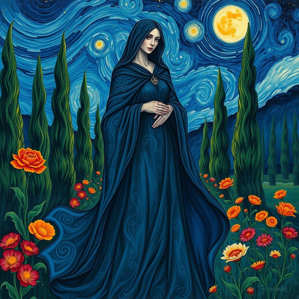 Dreamlike High Priestess in Starry Night-Inspired Scene, wit...