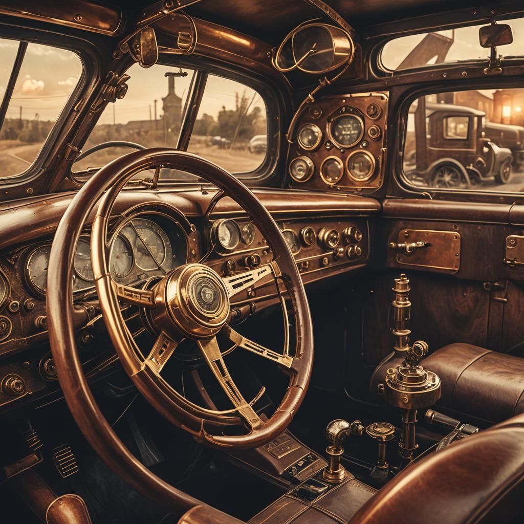 Steampunk Car Illustration with Brass and Copper Accents