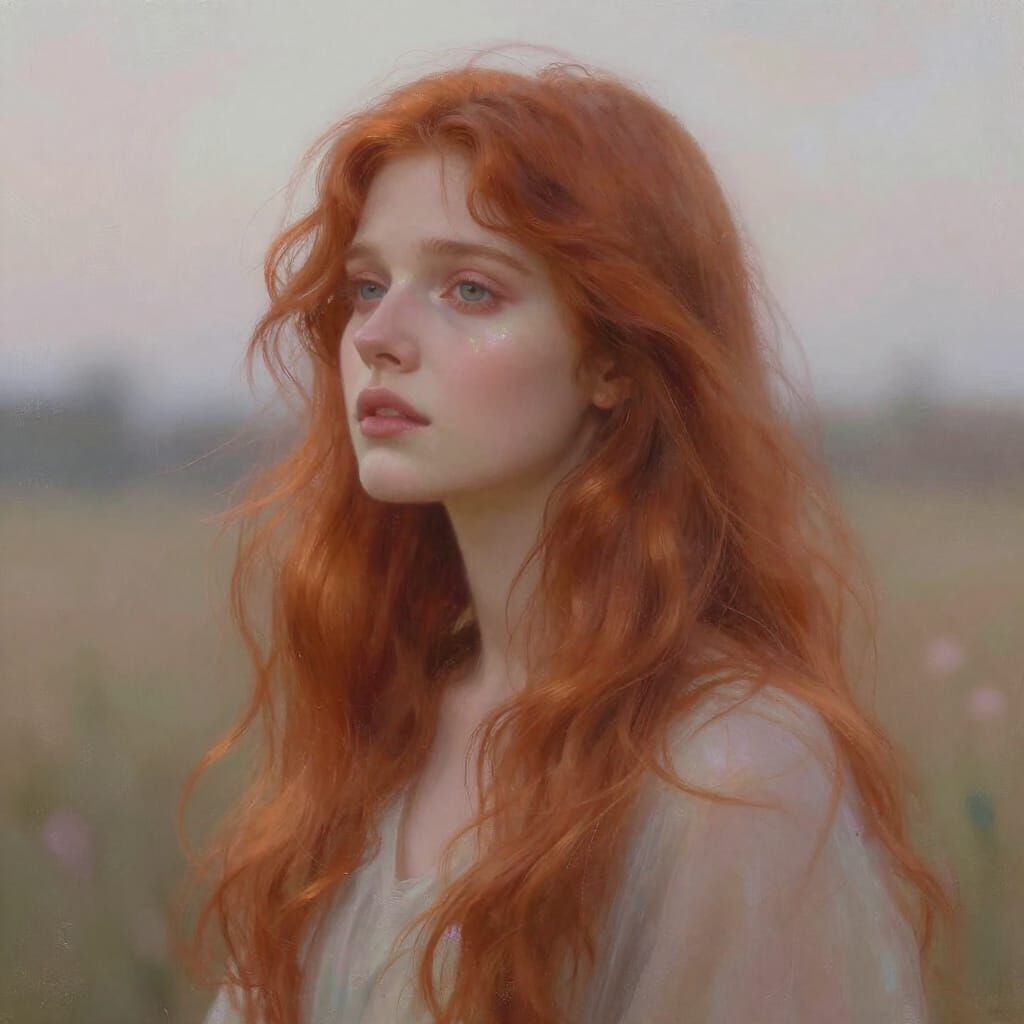 Ethereal Woman with Auburn Hair in Melancholic Digital Paint...