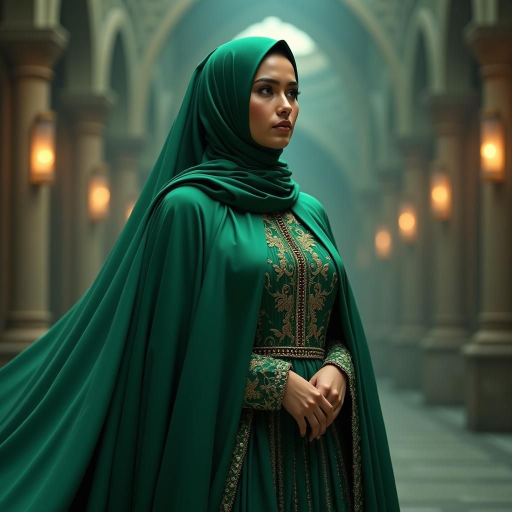 Elegant Emerald Green Hijab in Fantasy Style