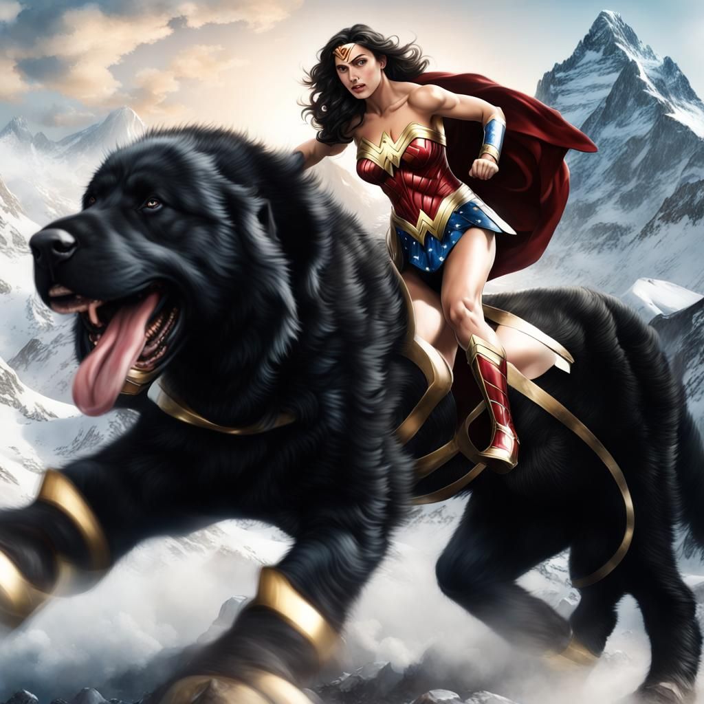 Wonder Woman Rides a Mastiff in Hyperrealistic Photo