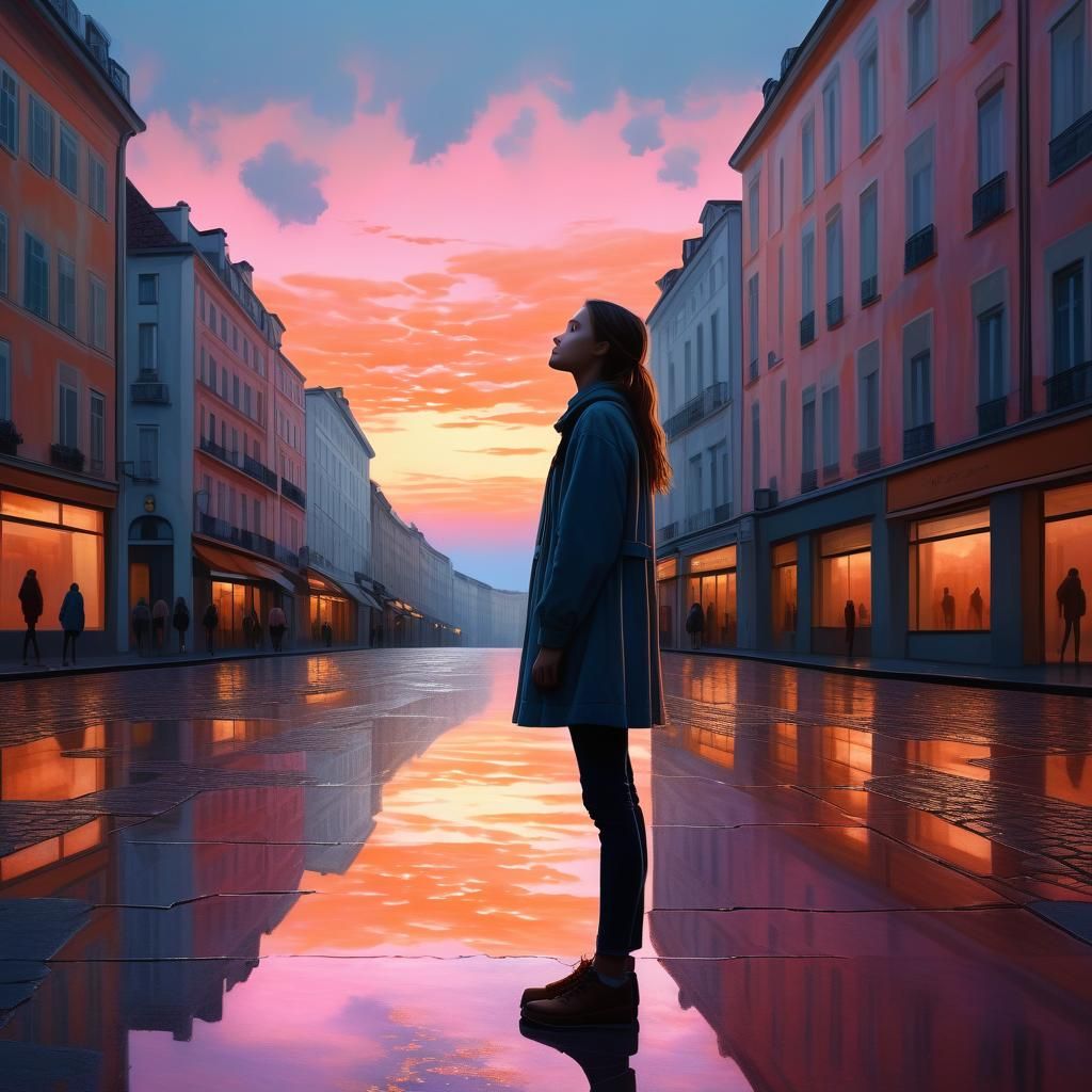 Surreal Woman Gazes at Dawn in Dreamlike Cityscape