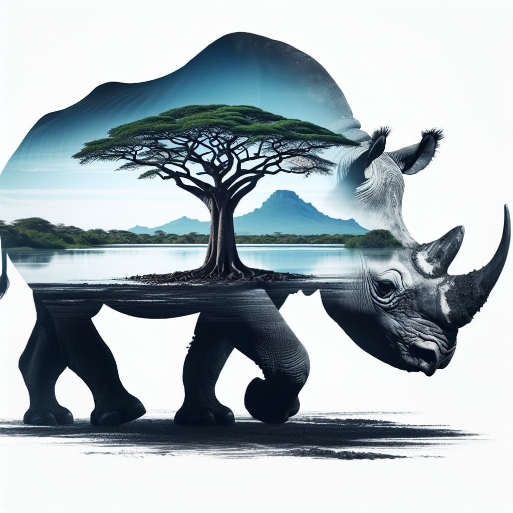 Black Rhino Silhouette with African Landscape
