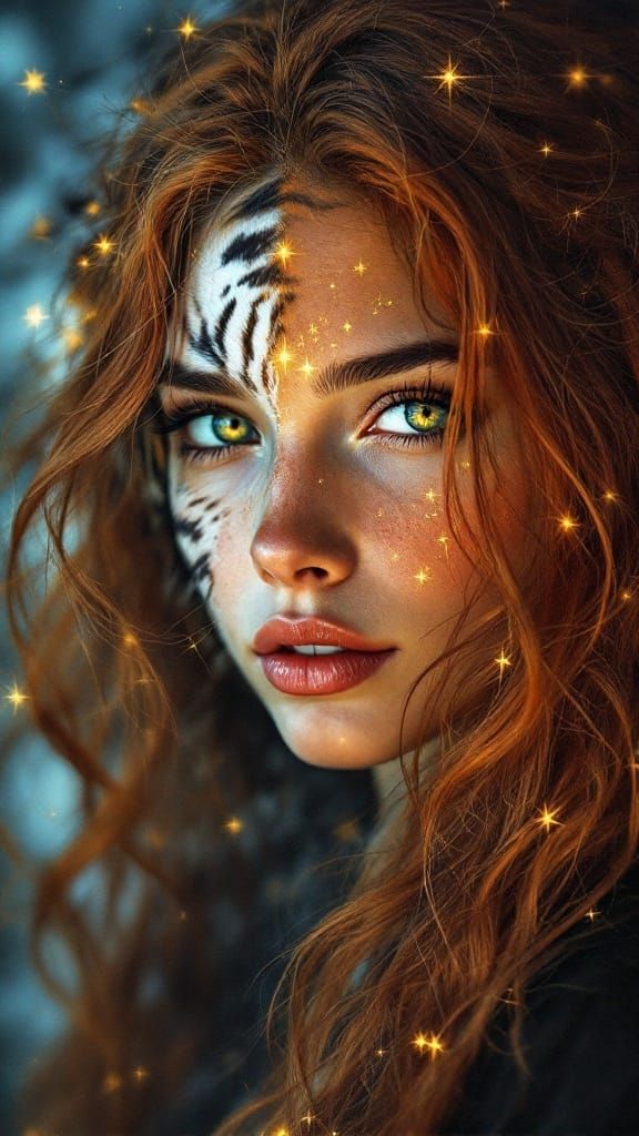 Fantasy Portrait: Woman with Tiger Face in Magical Style