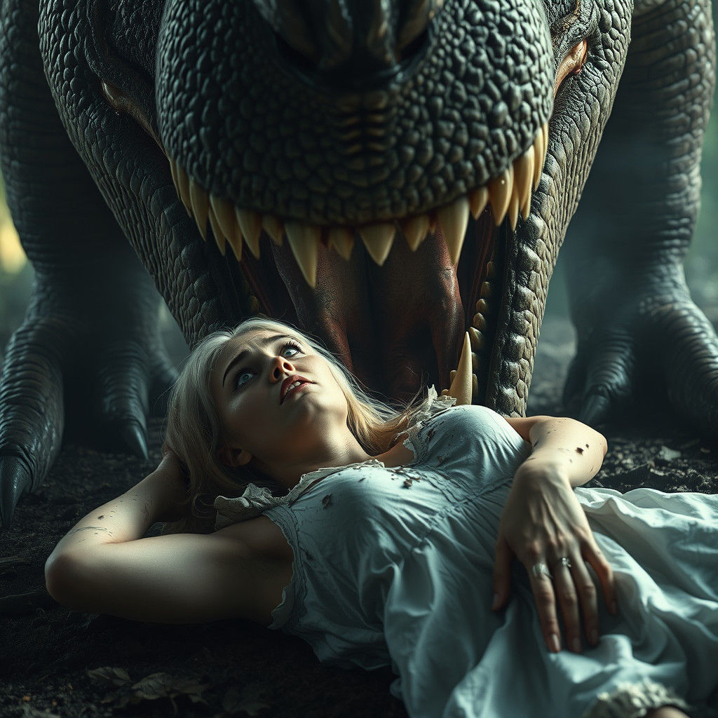 Terrified Woman Under Dinosaur: Hyper-Realistic Fantasy Art
