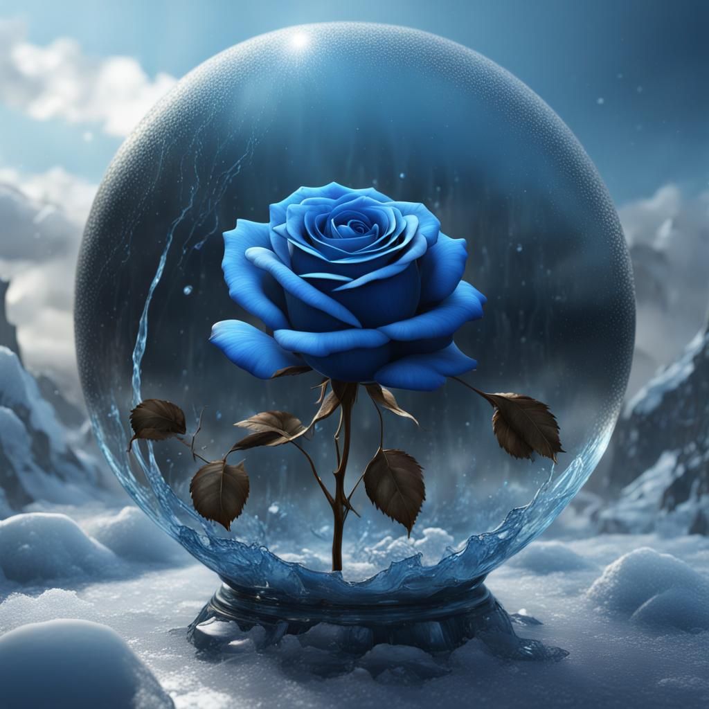 Blue Rose in Sphere with Falling Ice
