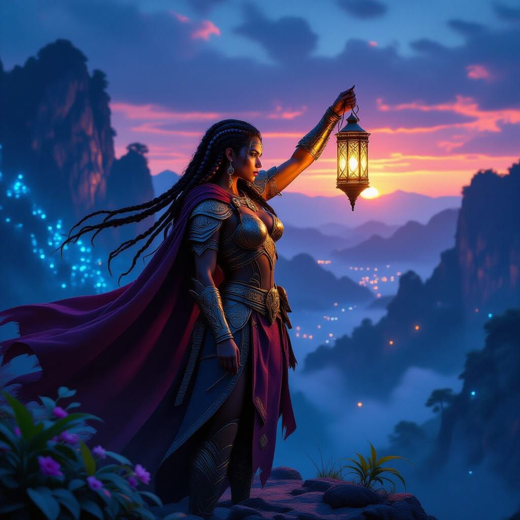 Amazonian Warrior in Bioluminescent Forest at Twilight