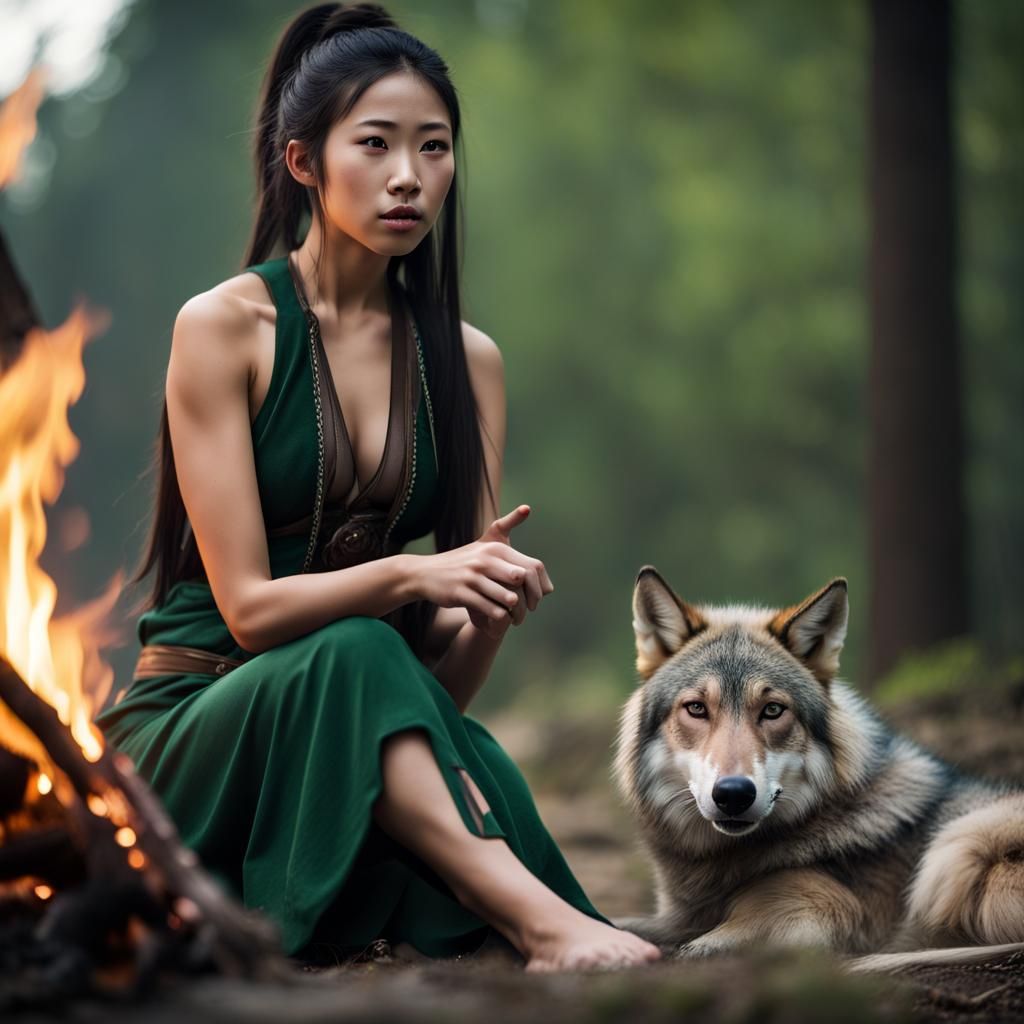 Elf and Wolf Companion by Campfire